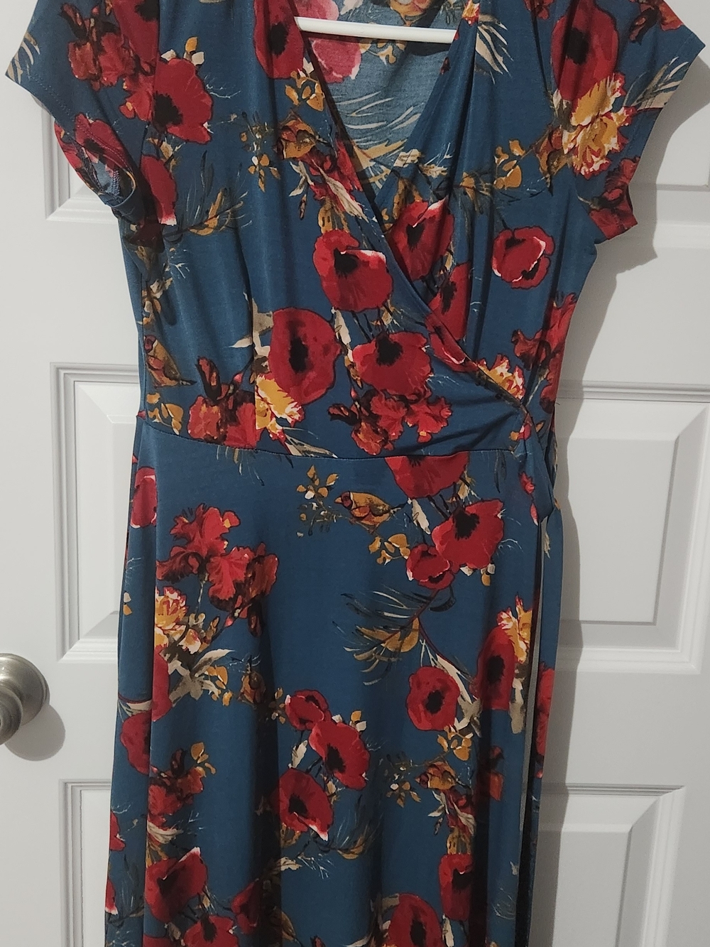Blue Floral Wrap Midi Dress with Red Flower Print
